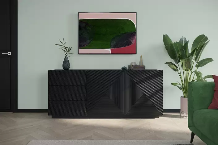Komoda ASHA 167 z szufladami - czarny mat - ryflowany front - cokół - B_57064