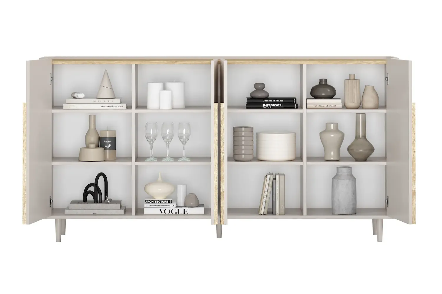 Komoda 4-drzwiowa AMILIO 200 - cashmere dąb olejowany uchwyty dąb jasny nogi cashmere - B_169215