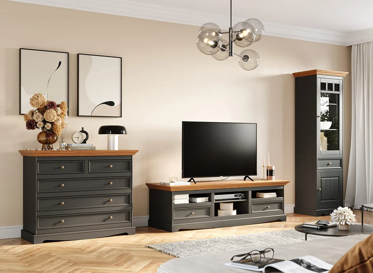 Szafka RTV z 2 szufladami BELLUNO ELEGANTE 167 cm grafit, dąb - PL010G/D