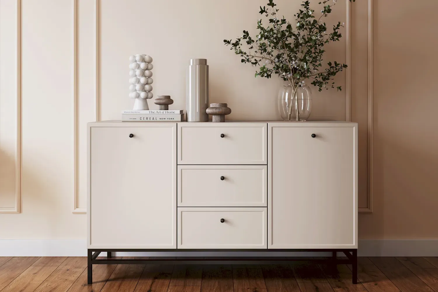 Komoda 2-drzwoiowa z 3 szufladami LORINI 150 - cashmere gałka czarna stelaż czarny - B_166767