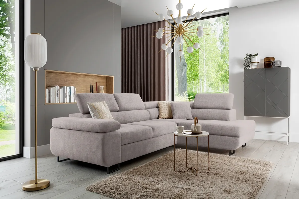 Narożnik prawostronny ANNABELLE L regulowane zagłówki nogi czarne tkanina prawy Maya 01 beżowy - B_165790