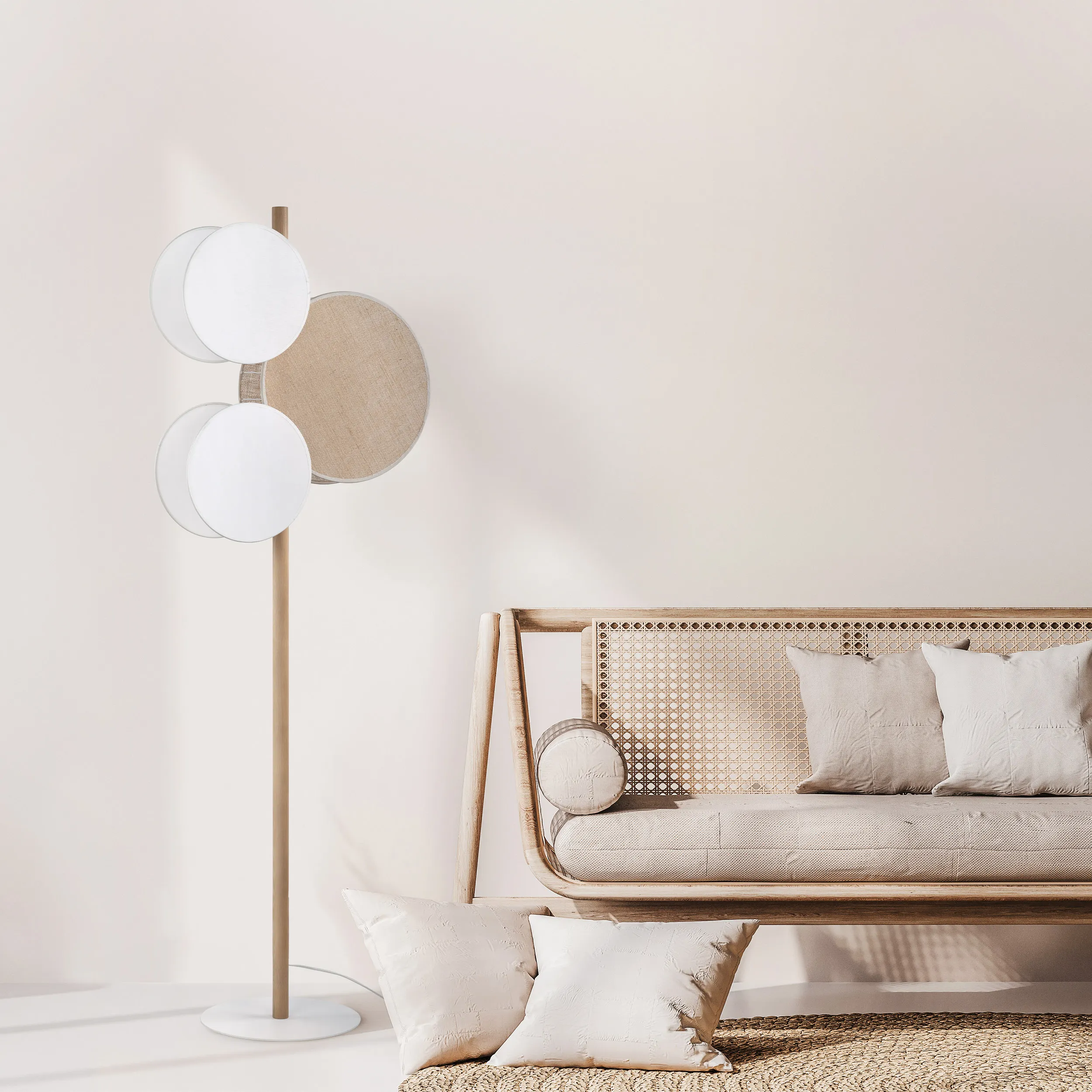 Lampa podłogowa PULSE biała z drewnianym sosnowym ramieniem i kloszem z tkaniny 125x19x15cm - TK_5960