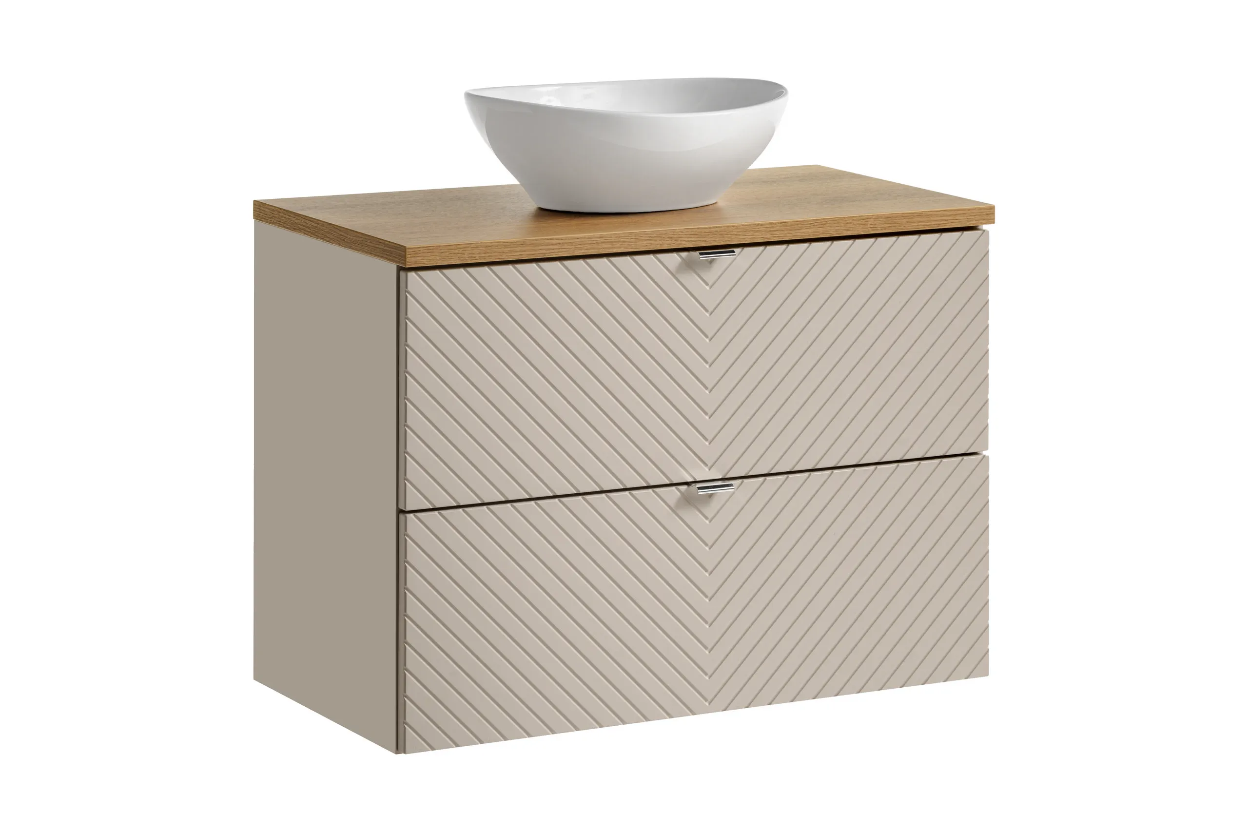 Zestaw meblowy SET-VIC Oak ( szafka z 2 szufladami 80cm + blat + umywalka nablatowa Lola ) kaszmirowy, efekt drewna