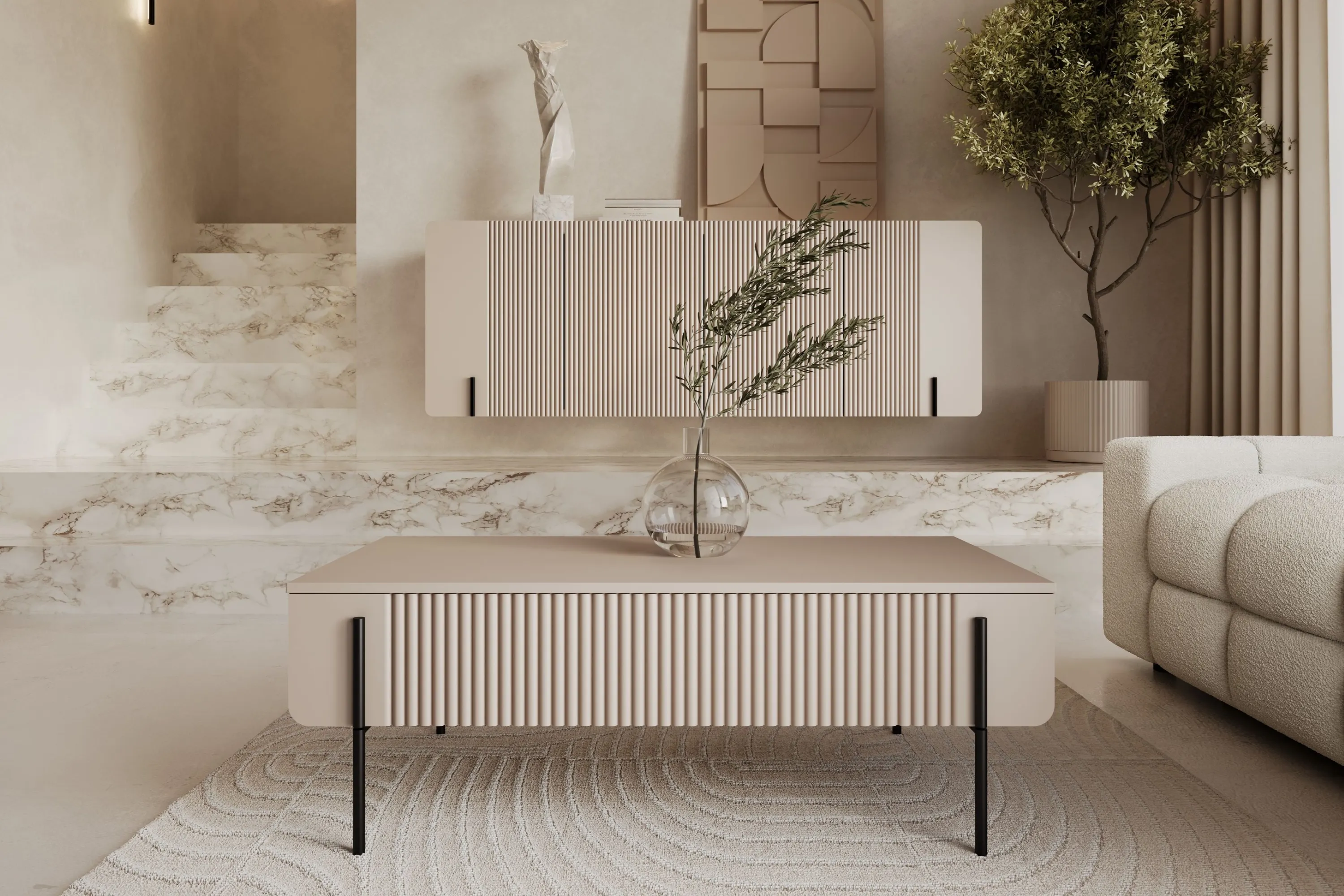 Stolik kawowy z 2 szufladami MALMI ryflowany front 60x100cm - kaszmirowy - czarny - B_167012