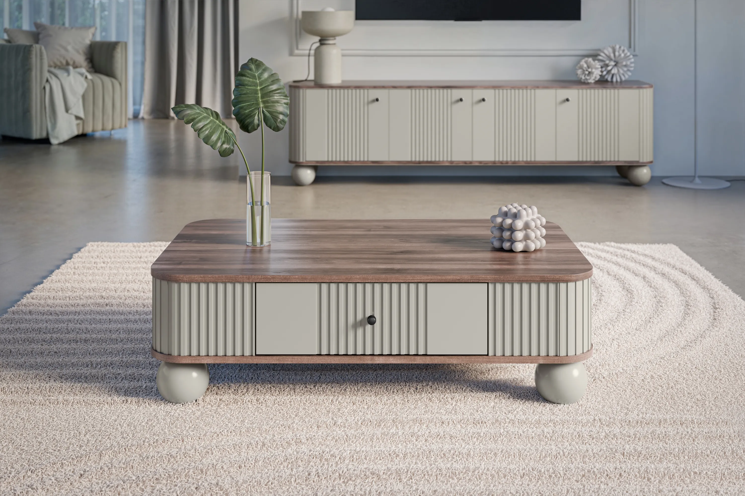 Stolik kawowy z szufladą VESPER 103 ryflowany front cashmere orzech czarne uchwyty nogi kule - B_163812