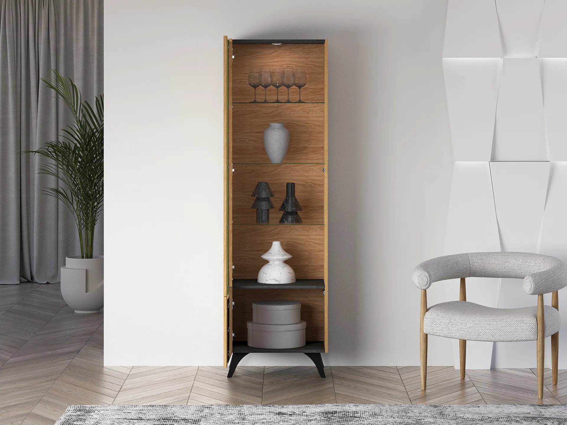 Witryna 1-drzwiowa TOSCANIA 02 lewa dąb baltic dune jesion prestige czarny - 1TOSC02L-001