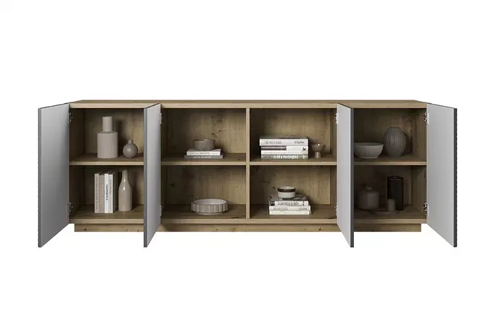 Komoda ASHA 200 4D - szara - dąb artisan - ryflowany front - cokół - B_52314