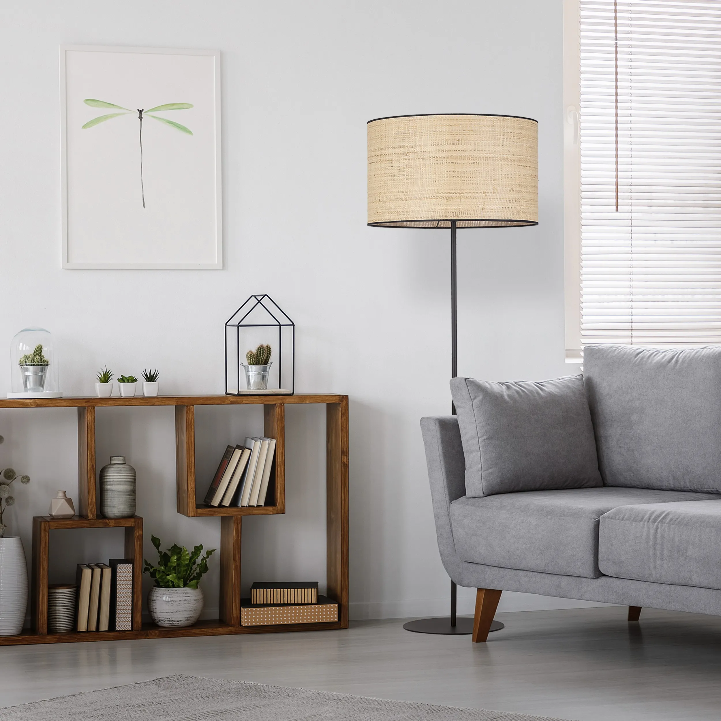 Lampa podłogowa LIBERIA czarna z brązowym kloszem z tkaniny okrągłym 159x50cm - TK_5161