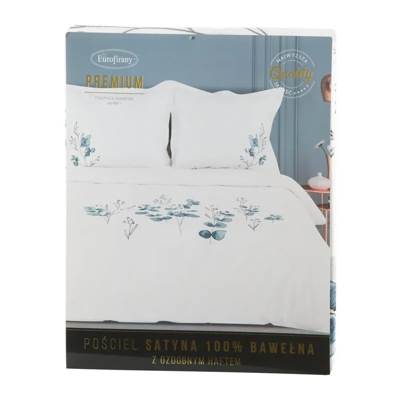 KOMPLET POŚCIELI SATYNOWEJ HAFT 220 X 200 CM BIAŁY NIEBIESKI WZÓR - EU_449115