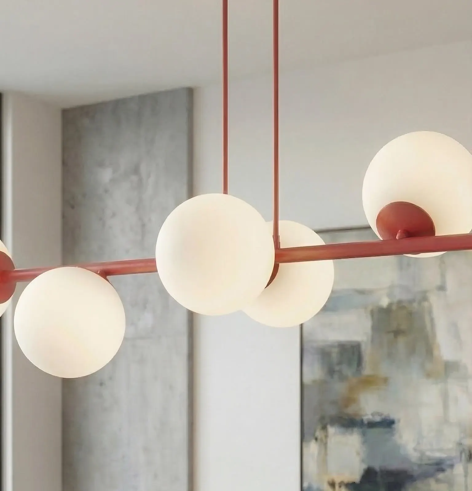 image lampa wisząca, kule, metalowa rama, biała oprawa, nowoczesny design