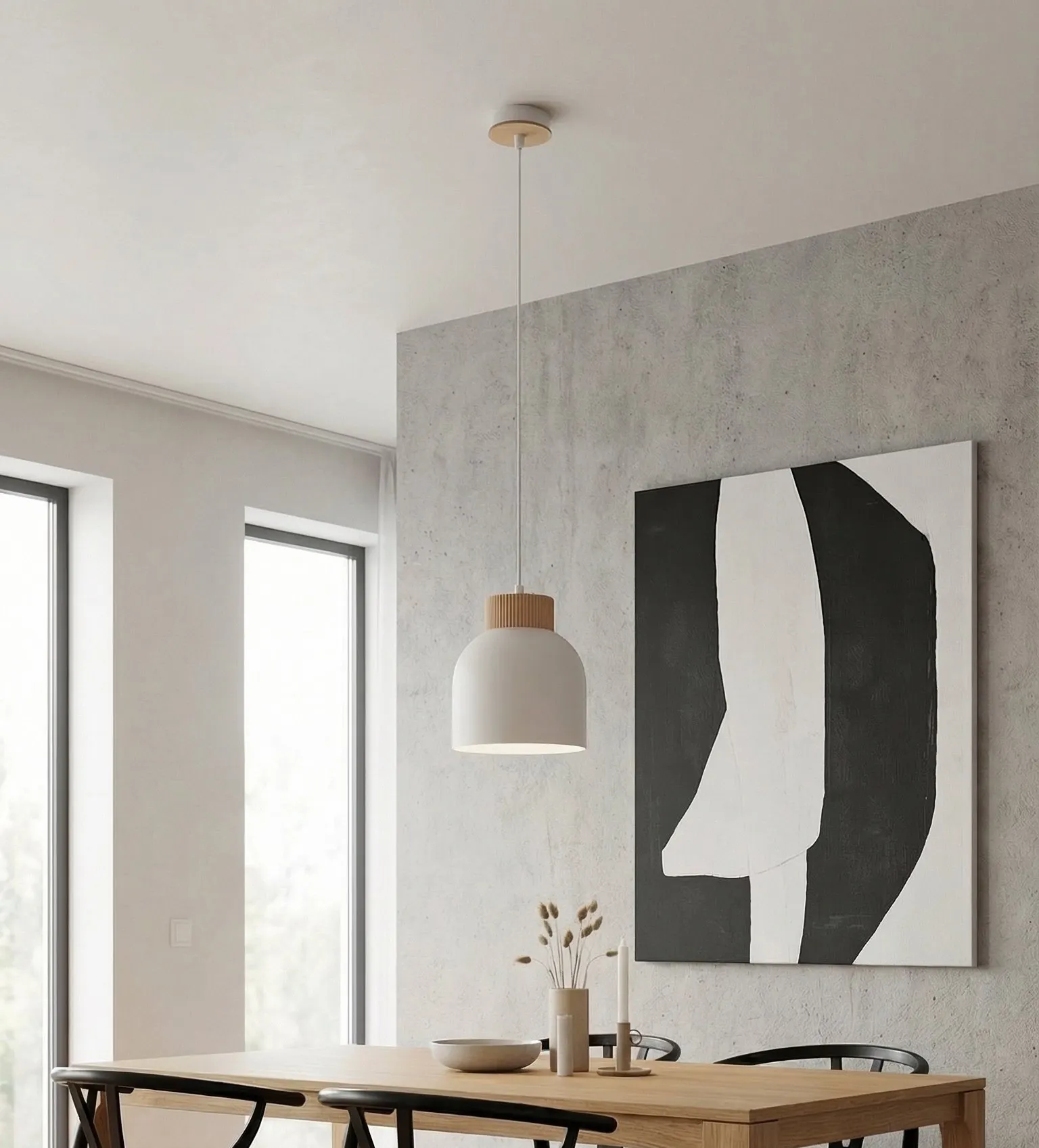 lampa wisząca, lampka nad stół, geometryczny obraz, minimalistyczny design, kredowy dekor ścienny