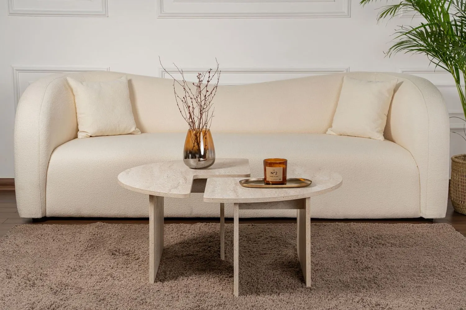 Stolik kawowy trawertynowy okrągły 2-elementowy MOIRA 90 cm biały - ASI_241NRD1348