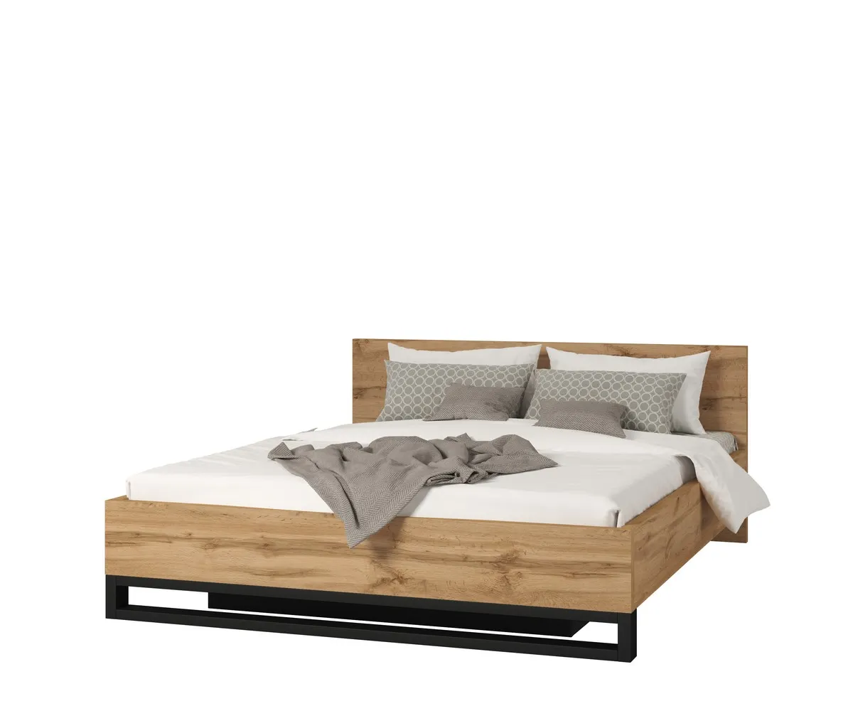 Łóżko z zagłówkiem i pojemnikiem HALLE S 160x200 dąb Wotan/czarne nogi