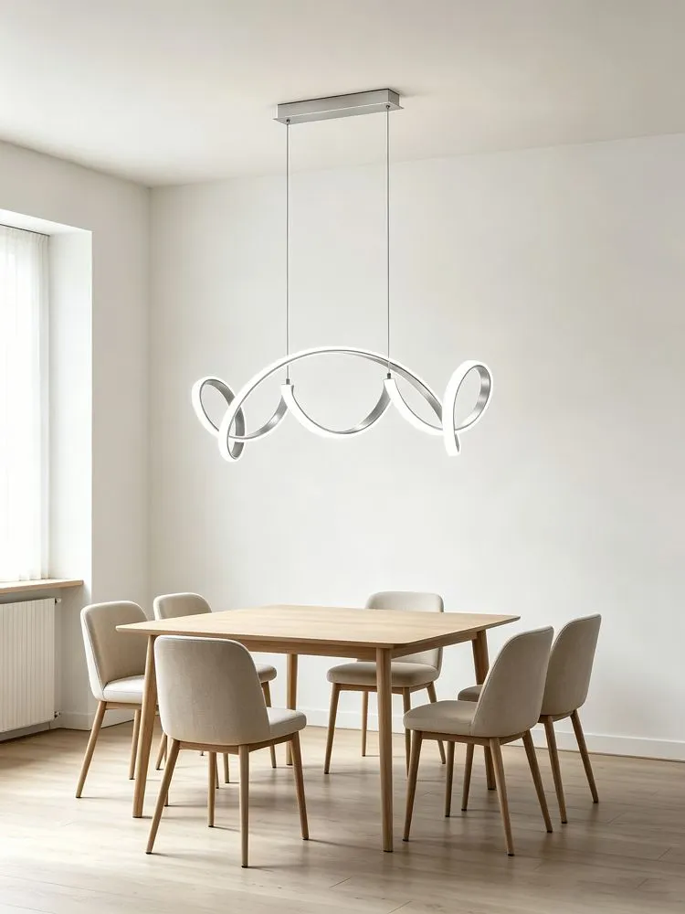 image lampa wisząca, duża świecąca ozdoba, nowoczesny design, jadalnia, stół drewniany