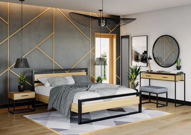 Łóżko metalowo - dębowe LK371 Surowy nielakierowany 160x200 DREWMAX - 46342