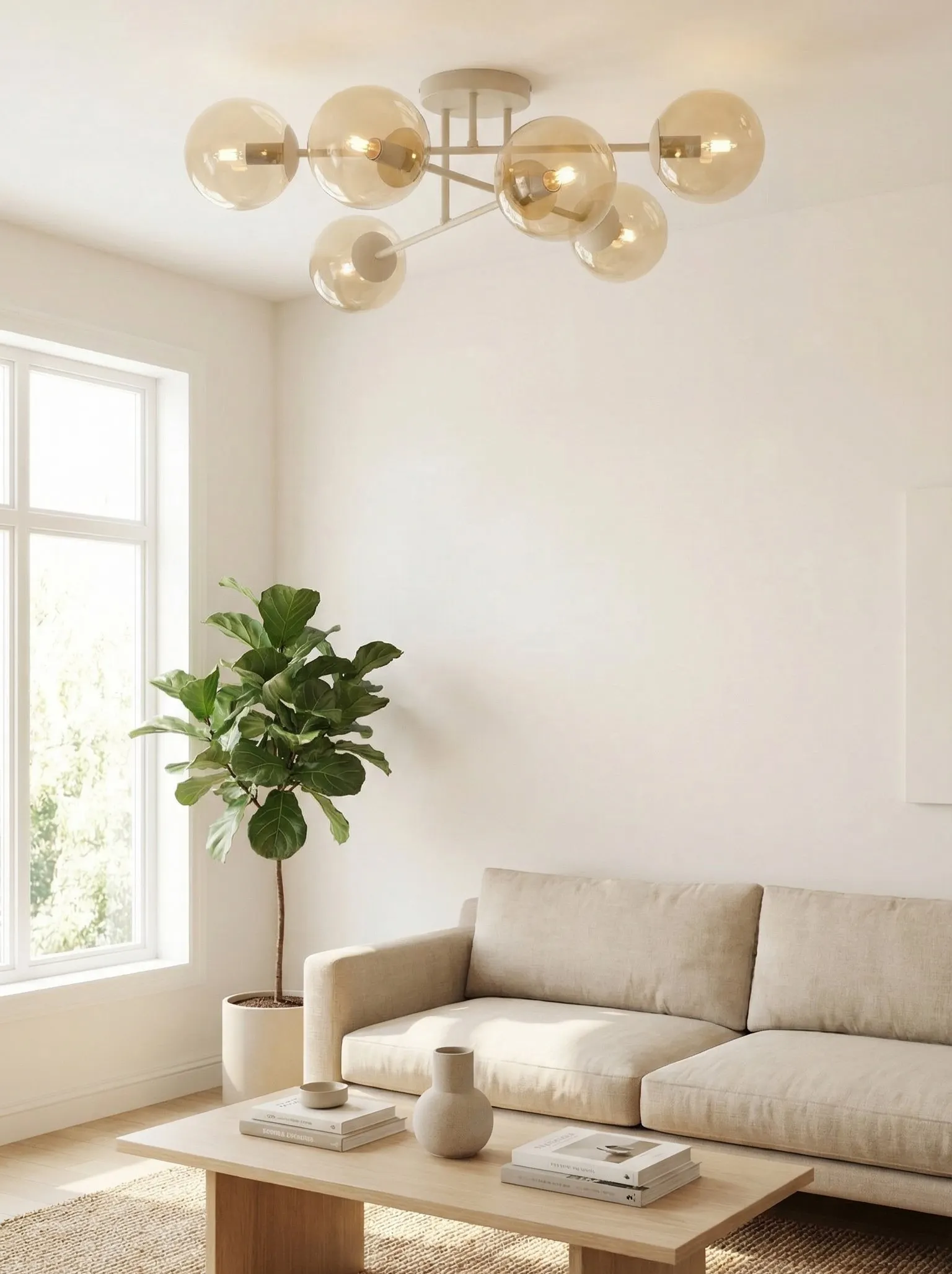 lampa wisząca, szklane kule, salon, kanapa beżowa, stół kawowy