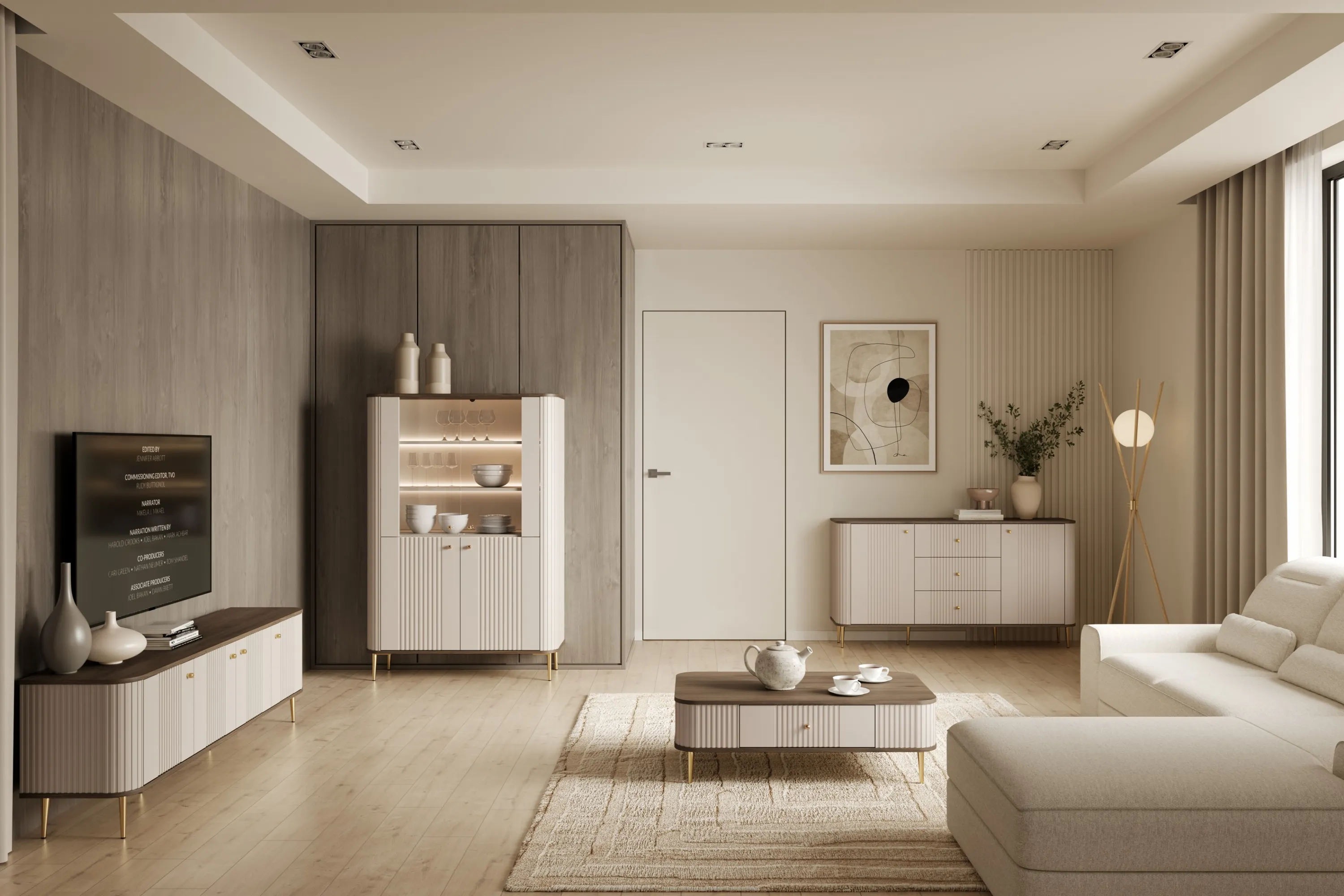 Witryna 4-drzwiowa z oświetleniem VESPER 103 ryflowany front cashmere orzech złote nogi - B_167223