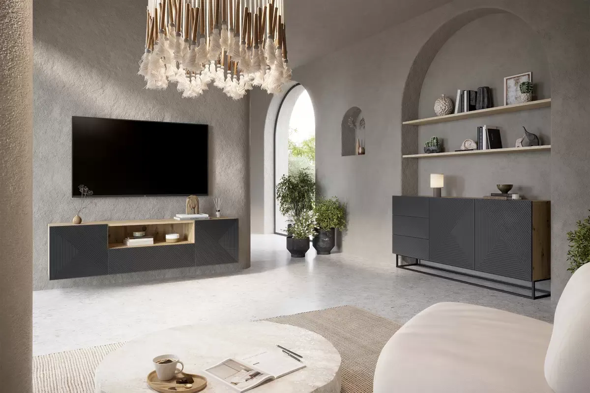 Szafka RTV ASHA 167 - szara - dąb artisan - ryflowany front - wisząca - B_50980