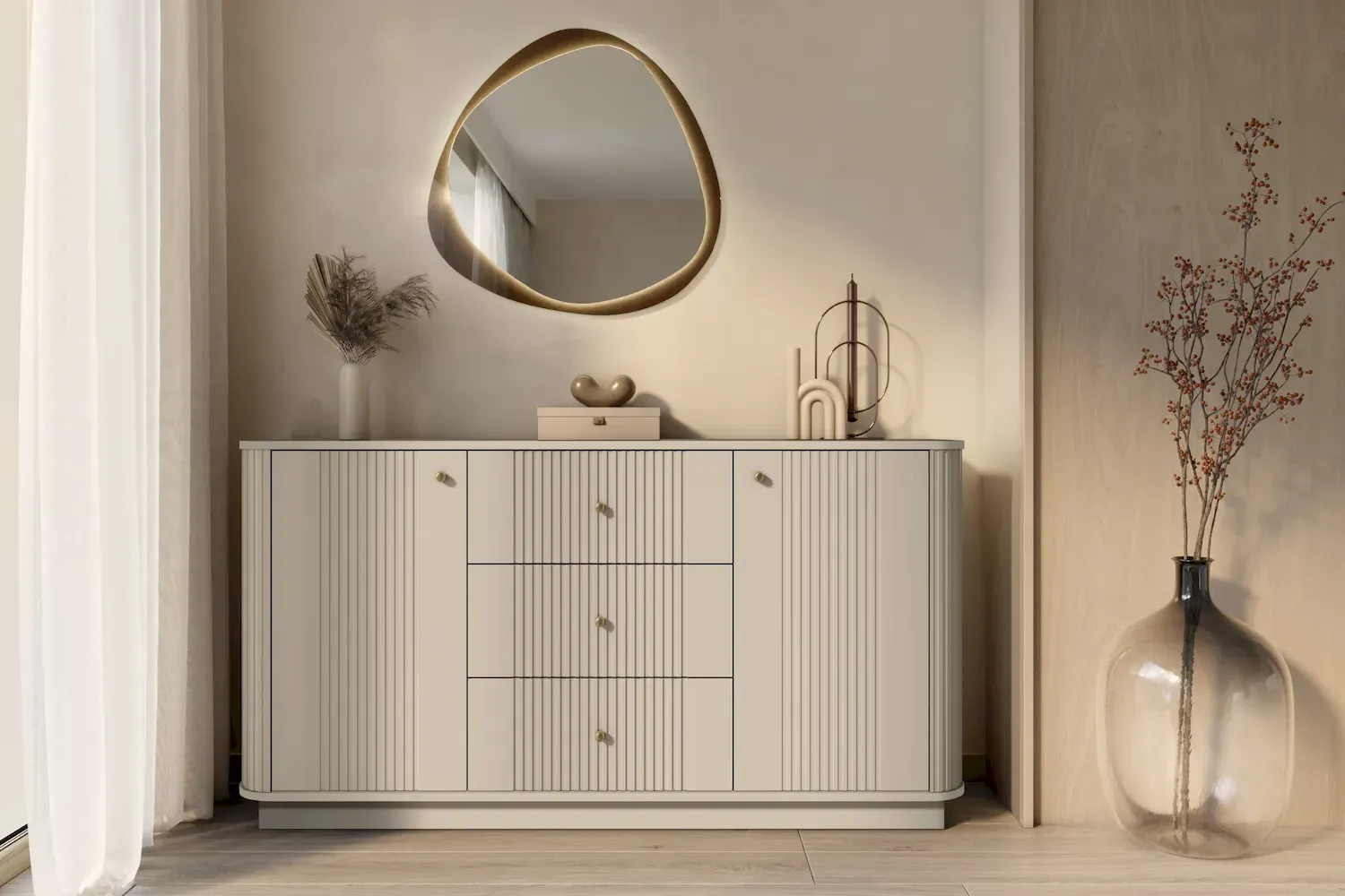 Komoda 2-drzwiowa z 3 szufladami VESPER 160 ryflowany front - cashmere złote uchwyty cokół — zdjęcie 6