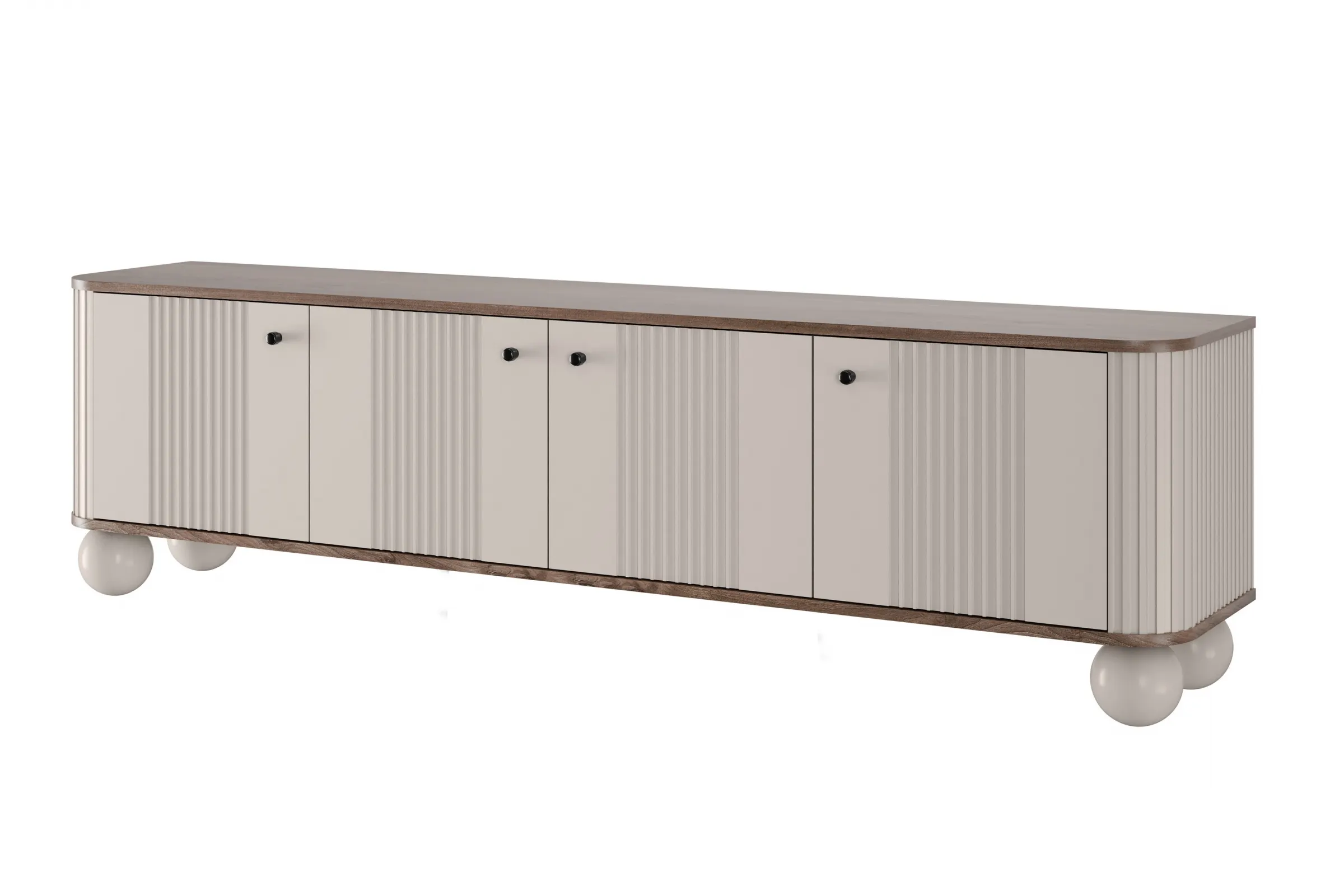Szafka RTV 4-drzwiowa VESPER RTV 187 ryflowany front cashmere orzech czarne uchwyty nogi kule