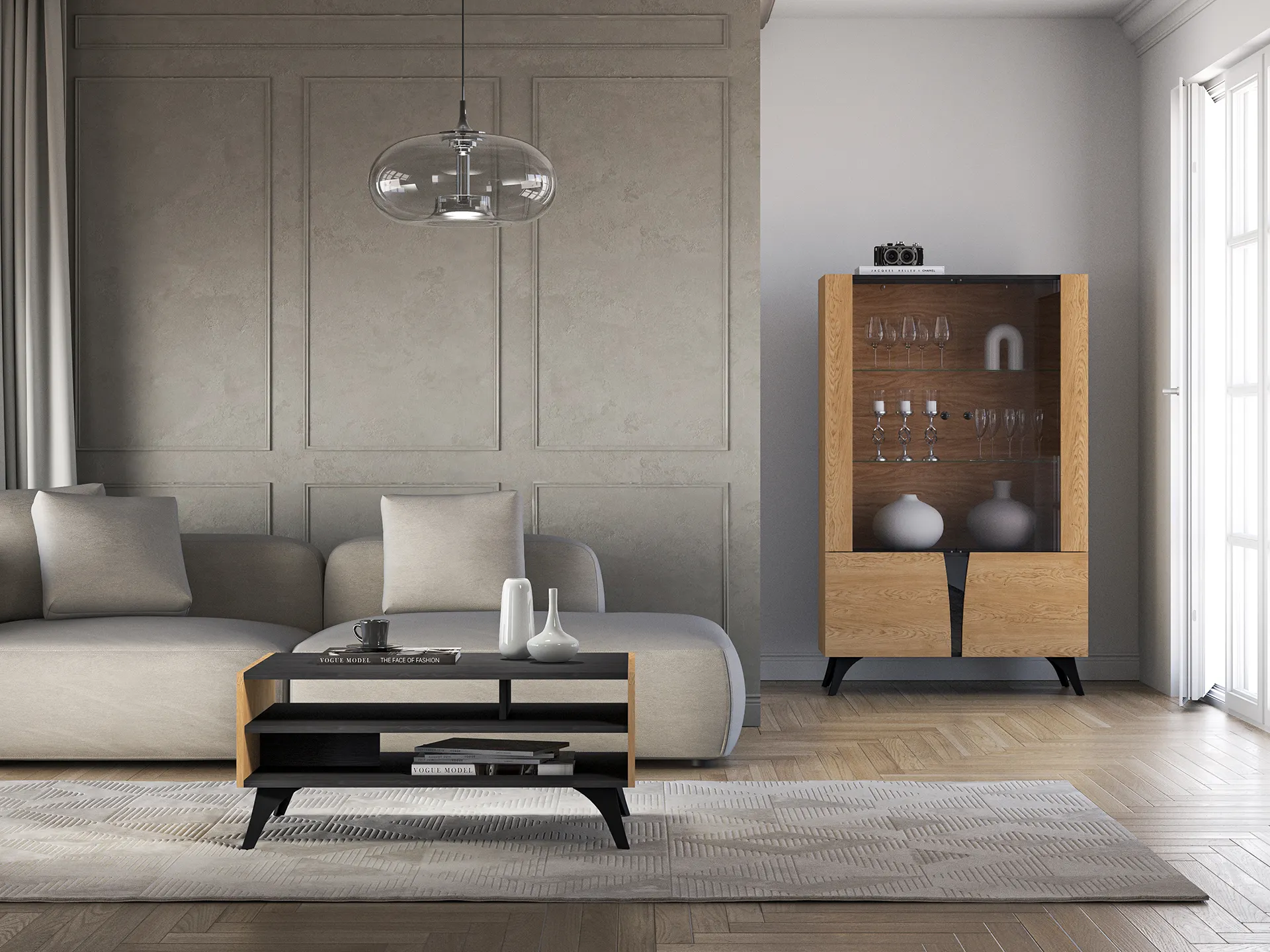 Stolik kawowy z 2 półkami TOSCANIA 07 dąb baltic dune jesion prestige czarny - 1TOSC07-001