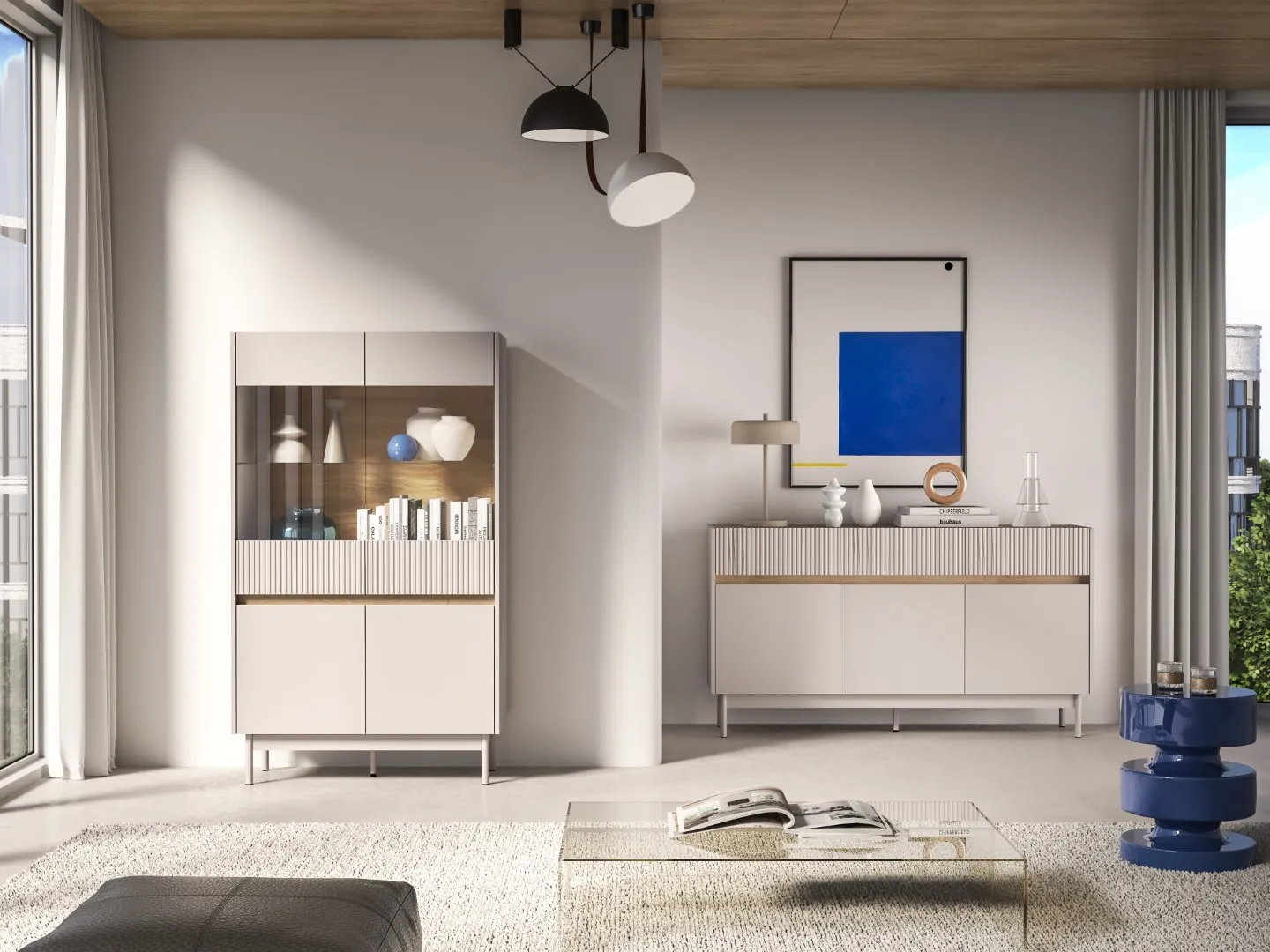 Witryna szklana 4-drzwiowa DUNEA 156x92 ryflowana kaszmir - dąb cremona - 1DUNE03-001