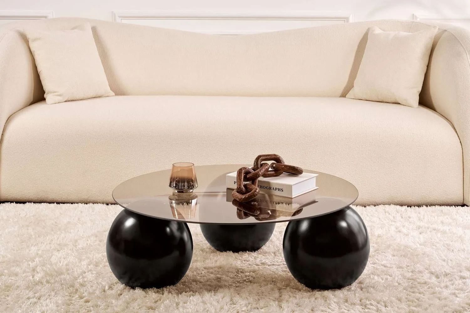 Stolik kawowy szklany okrągły MIRO 85 cm kuliste czarne nogi blat brązowy - ASI_857NRD1119