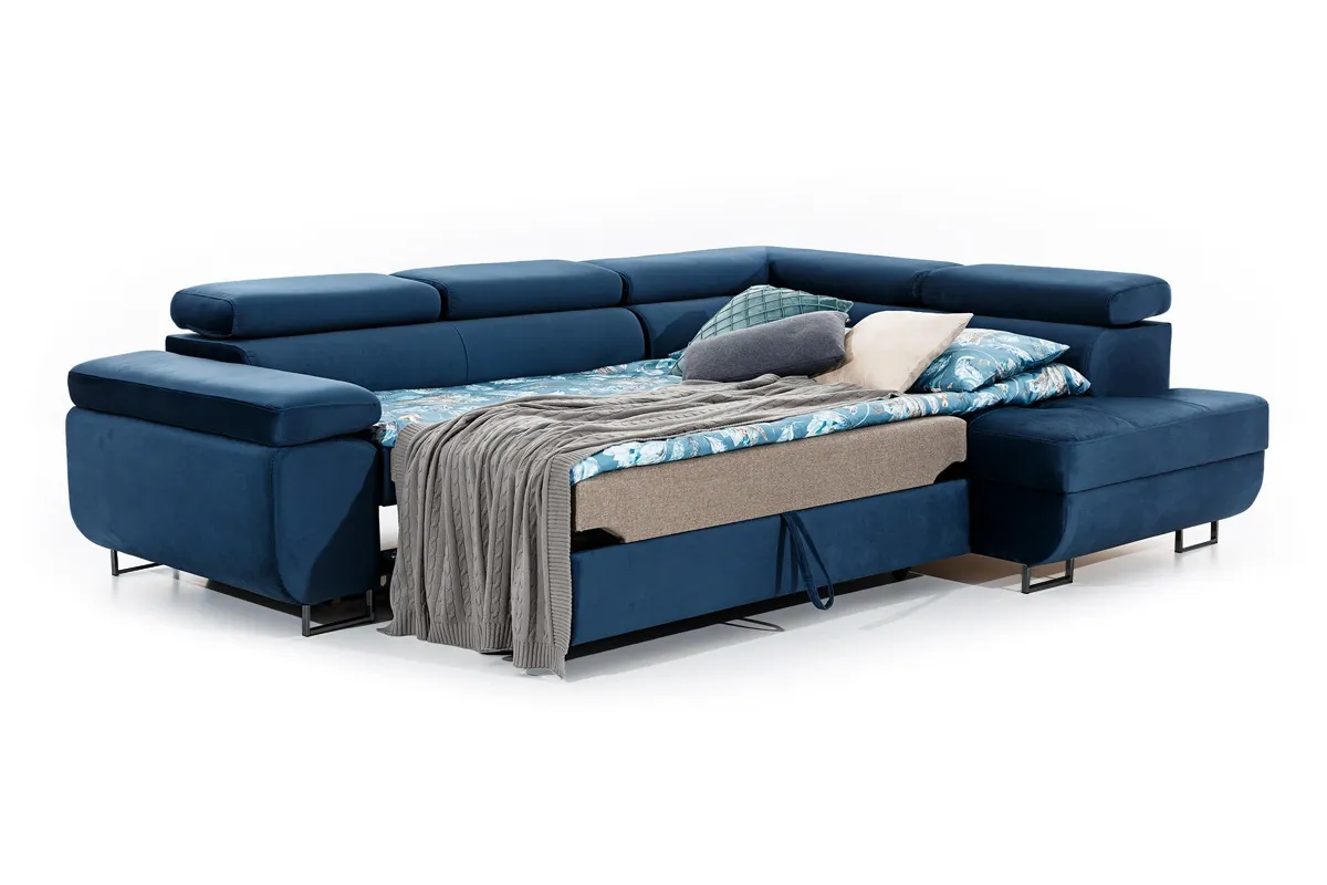 Narożnik prawostronny ANNABELLE L regulowane zagłówki nogi czarne prawy Monolith 77 granatowy - B_165786