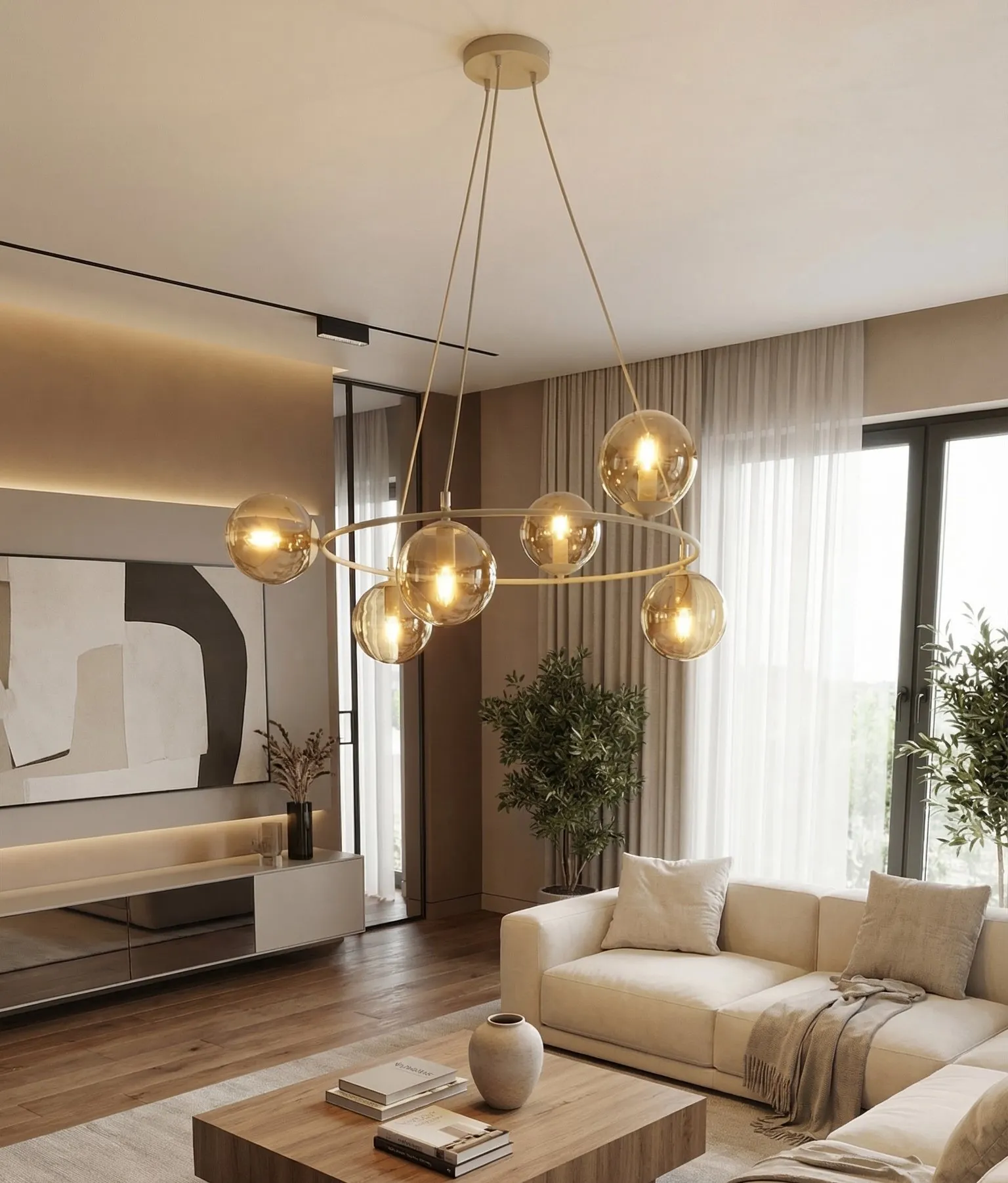 lampa wisząca, lampa wisząca, kule szklane, salon, stolik kawowy