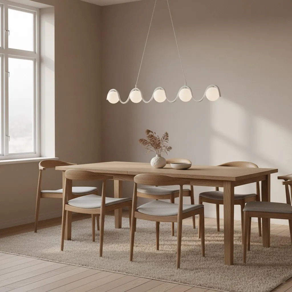 image stół drewniany, jadalnia, krzesła drewniane, lampa wisząca, dywan