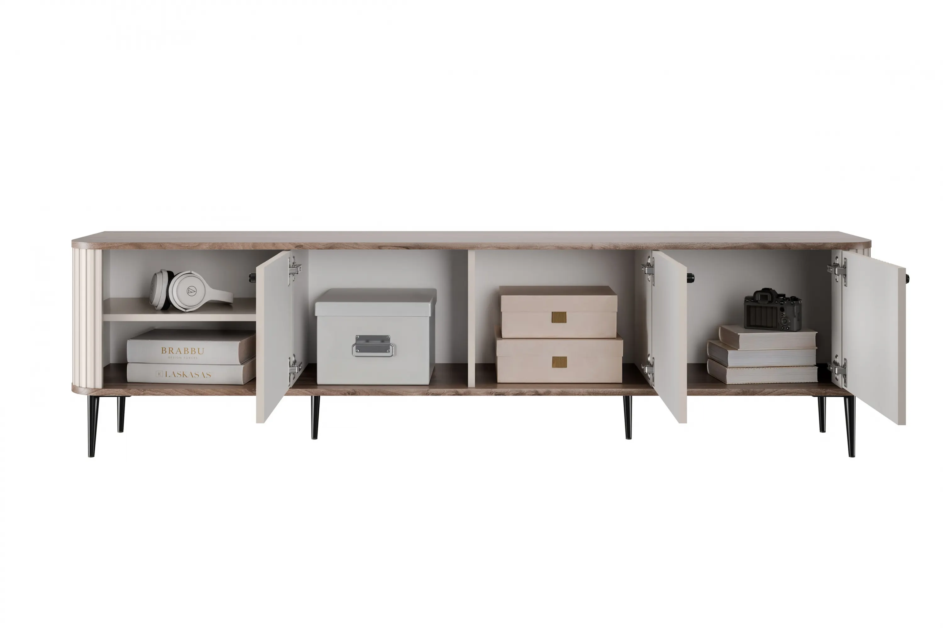 Szafka RTV 3-drzwiowa VESPER RTV 187 ryflowany front cashmere orzech czarne nogi - B_163672