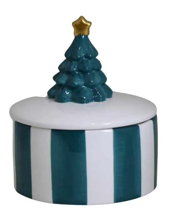 POJEMNIK ceramiczny na ciasteczka W PASKI z choinką zielono-białe