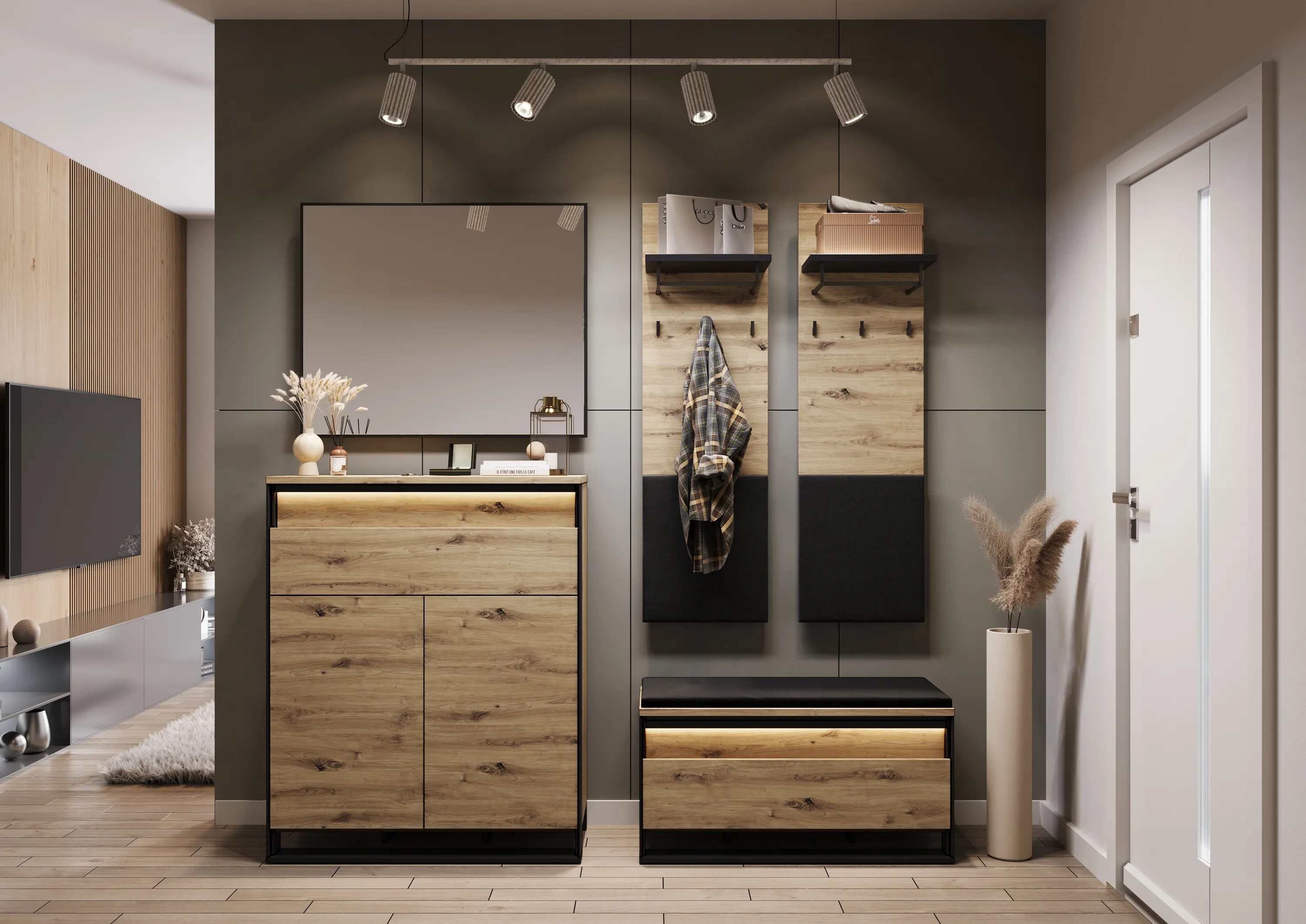 Szafka na buty z unoszonym siedziskiem LED Quant QG-03 dąb artisan/czarna - QG3DAC