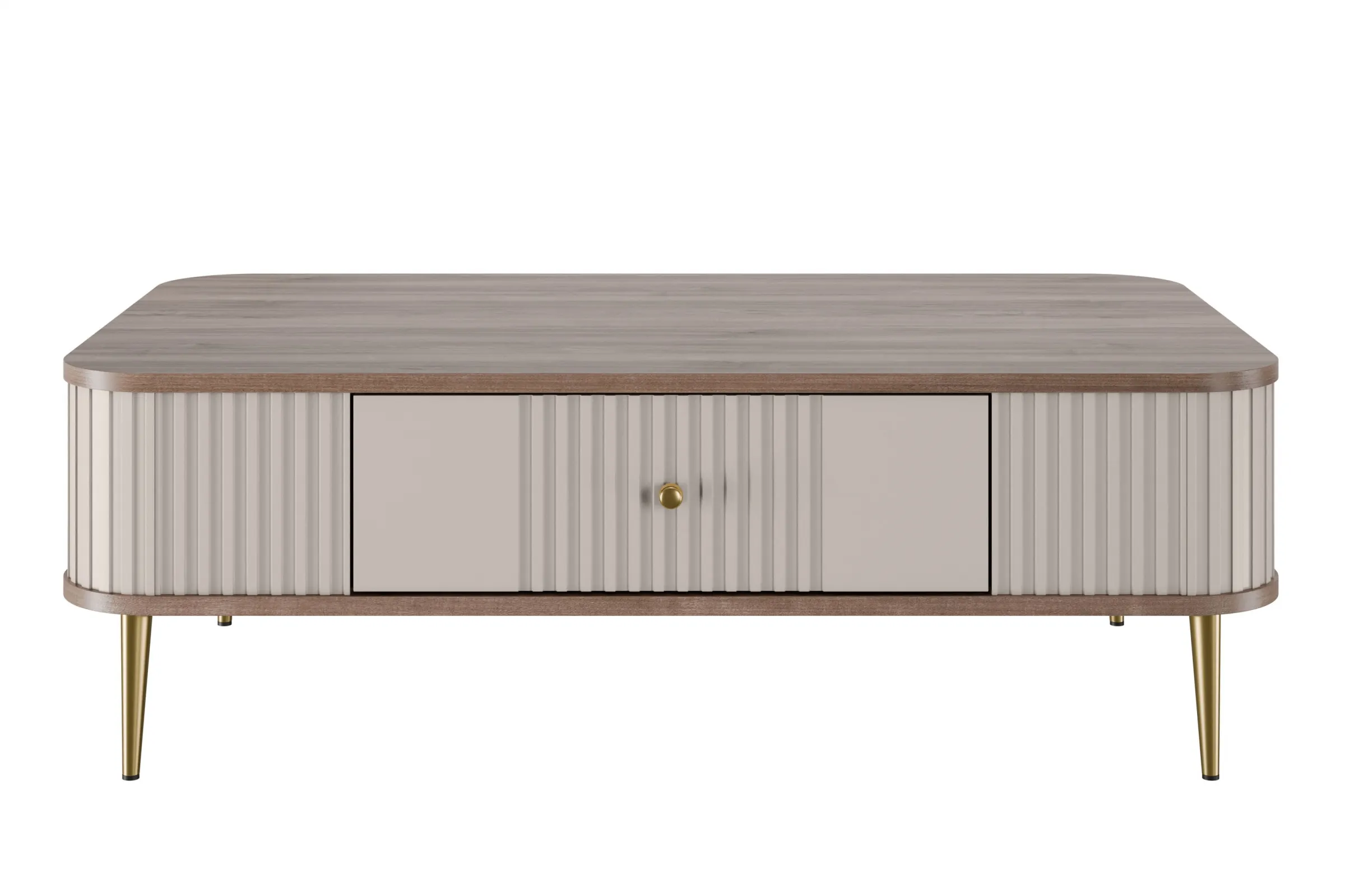 Stolik kawowy z szufladą VESPER 103 ryflowany front cashmere orzech złote nogi - B_163807