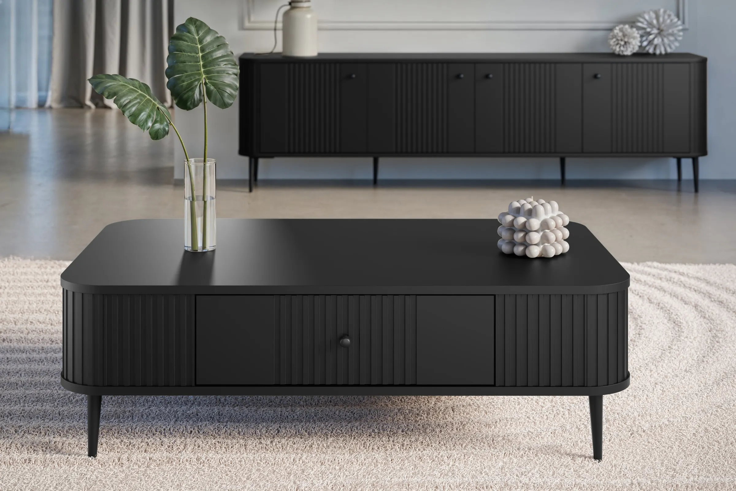 Stolik kawowy z szufladą VESPER 103 ryflowany front czarny czarne nogi - B_163817