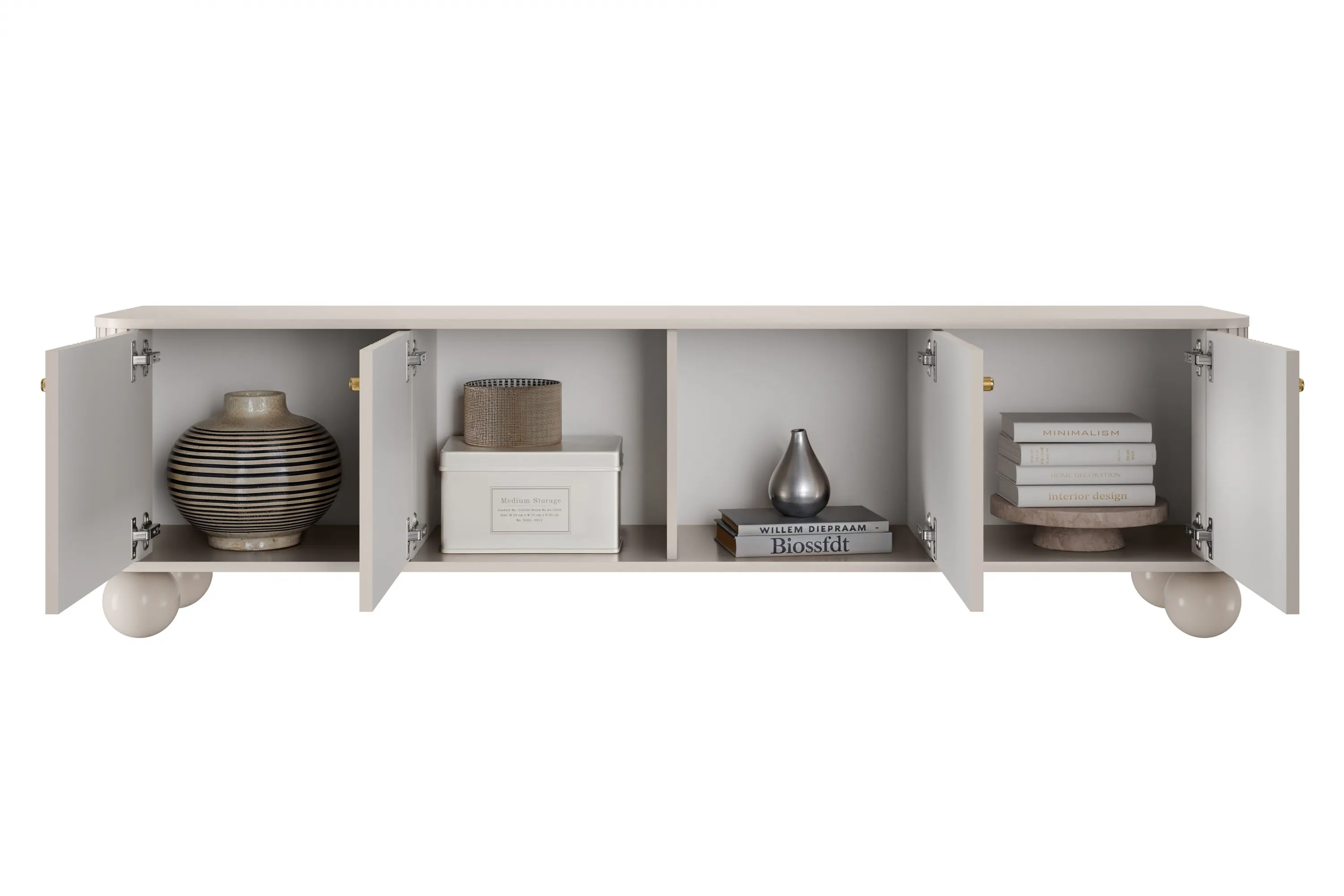 Szafka RTV 4-drzwiowa VESPER RTV 187 ryflowany front cashmere złote uchwyty nogi kule - B_163723