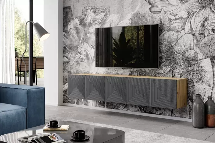 Szafka RTV ASHA 200 5D - szara - dąb artisan - ryflowany front - wisząca - B_52252