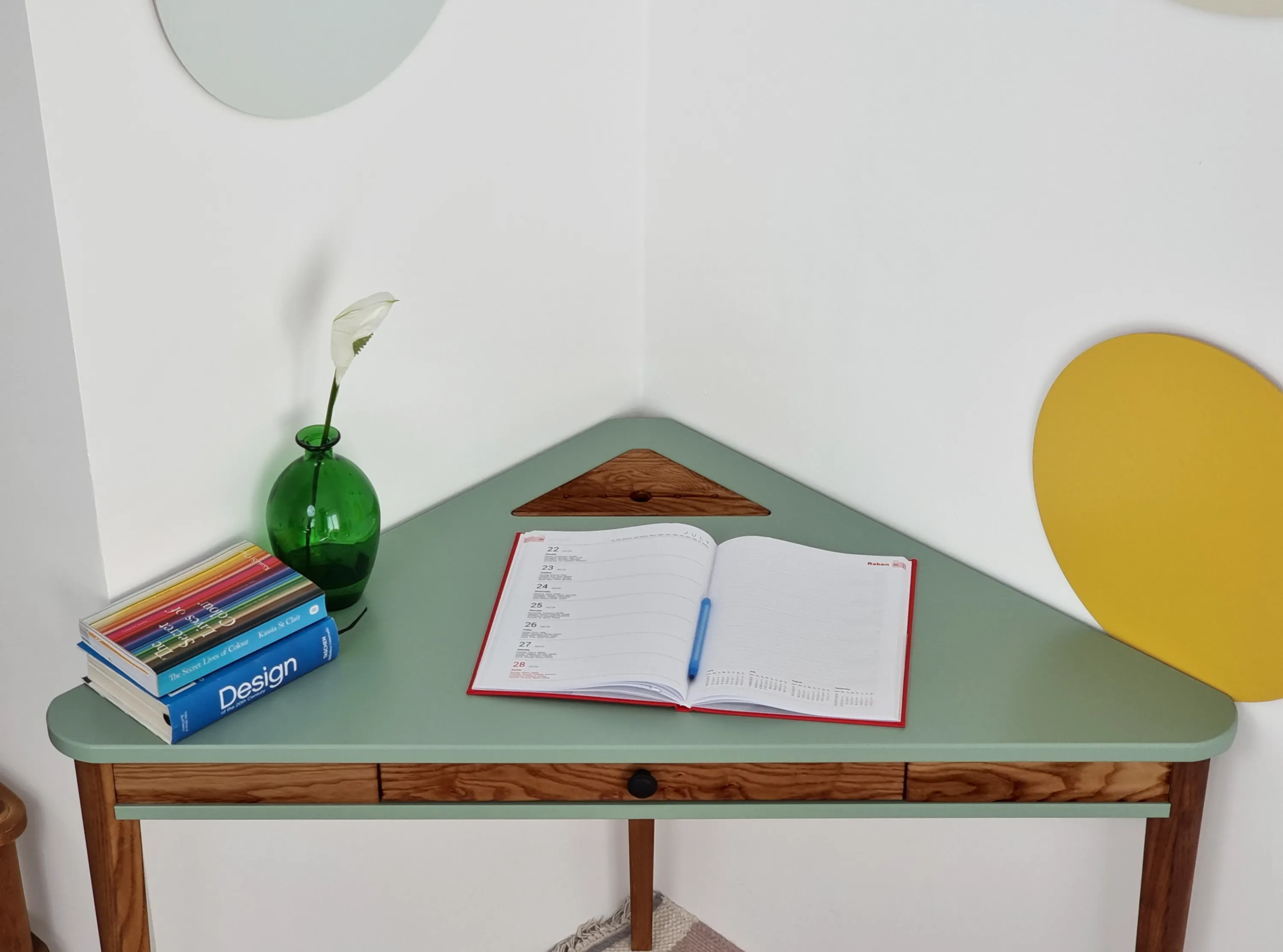 Biurko narożne z szufladą ASHME 114x85 niebieski blat/ciemne jesionowe nogi - NRGBACD_OAK_13