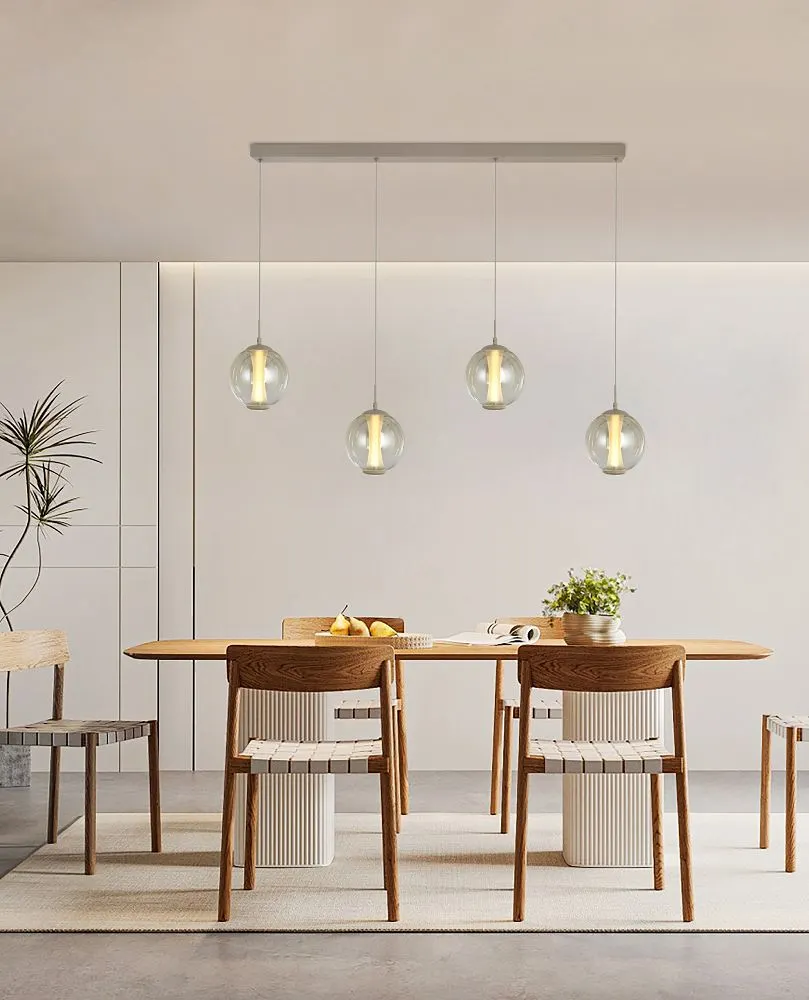 stół, jadalnia, lampa wisząca, drewniane krzesła, wnętrze minimalistyczne