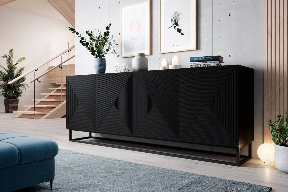 Komoda 4-drzwiowa ASHA 200 4D - czarny mat - czarny stelaż - ryflowany front - B_52096