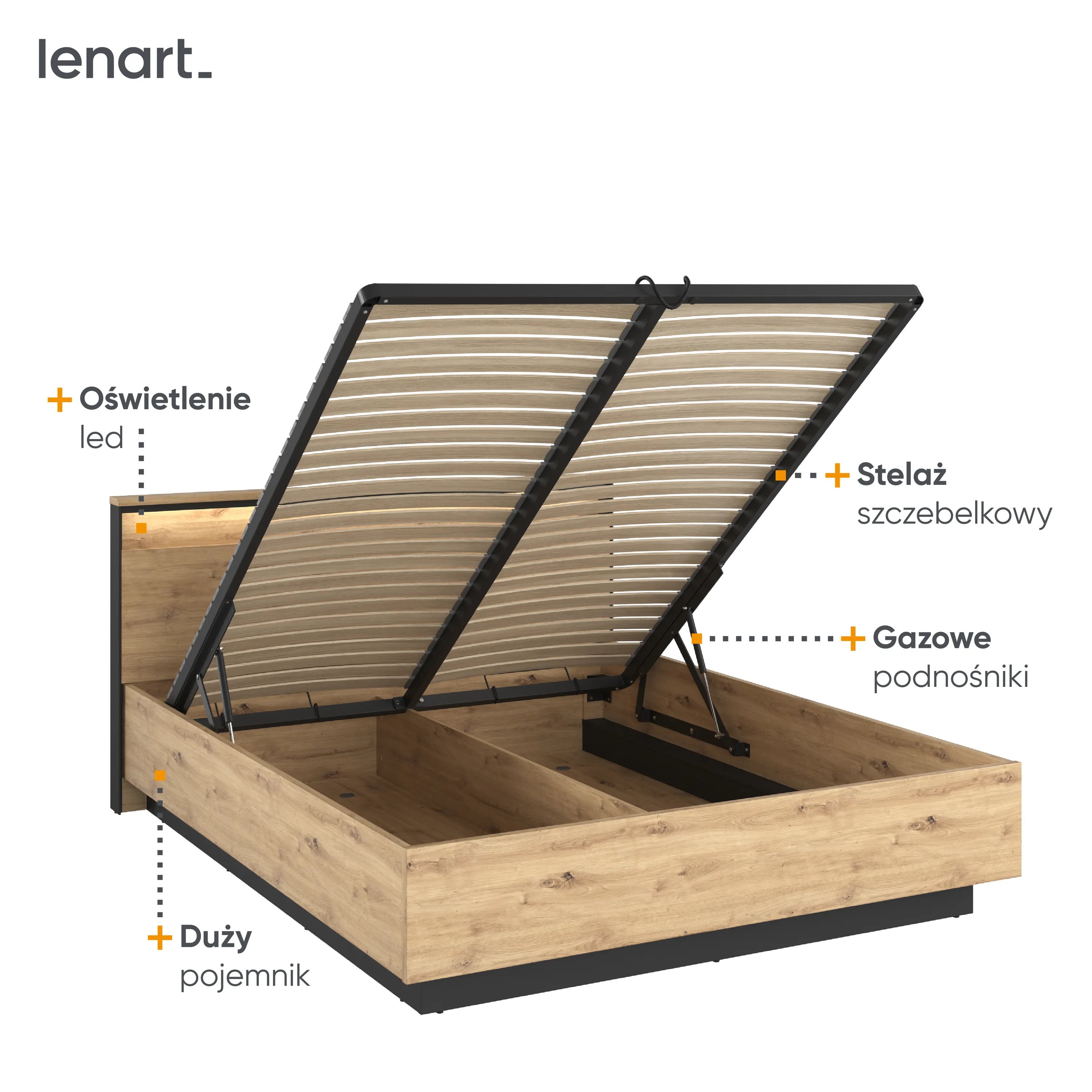 Łóżko z pojemnikiem 160x200 LED Quant QS-02 (160) dąb artisan/czarny