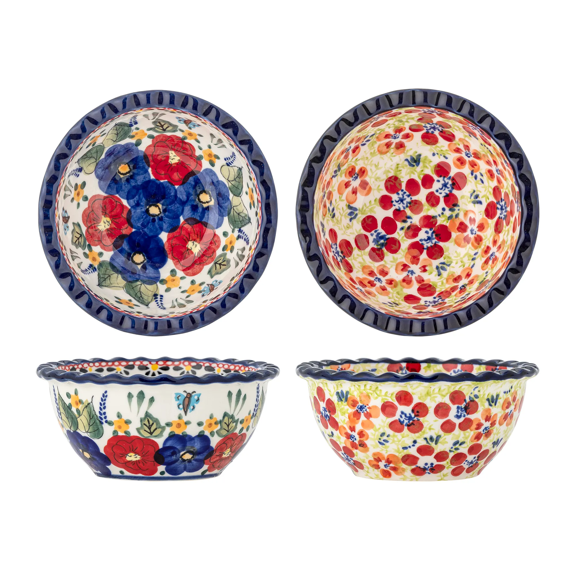 misy ceramiczny, miskowaty talerzyk, ceramika kwiatowa, kolorowy wzór, niebieska krawędź