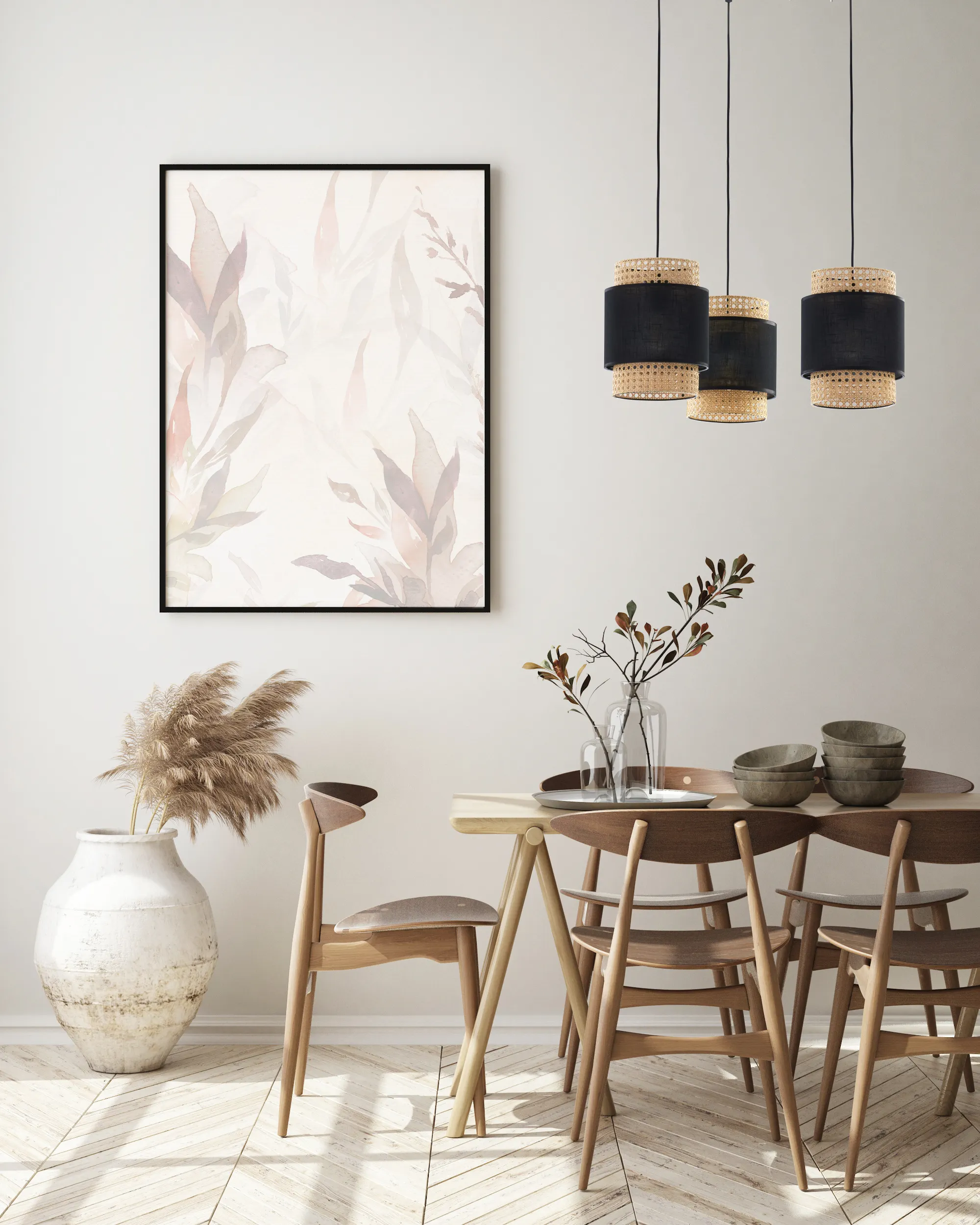 Lampa wisząca BOHO czarna z rattanowymi brązowymi elementami dodatkowo podwieszana 130x70cm - TK_6549