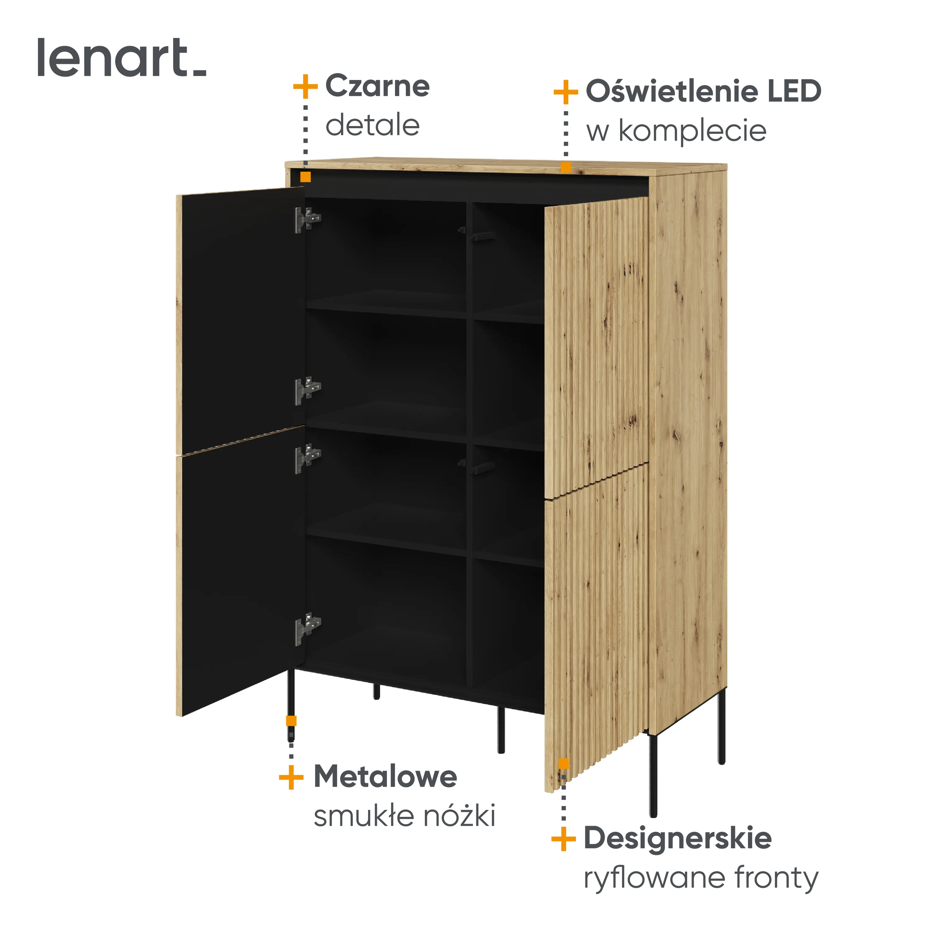 Wysoka komoda z oświetleniem TREND TR-03 4D ryflowana dąb artisan/czarny - TR3DAC-V2
