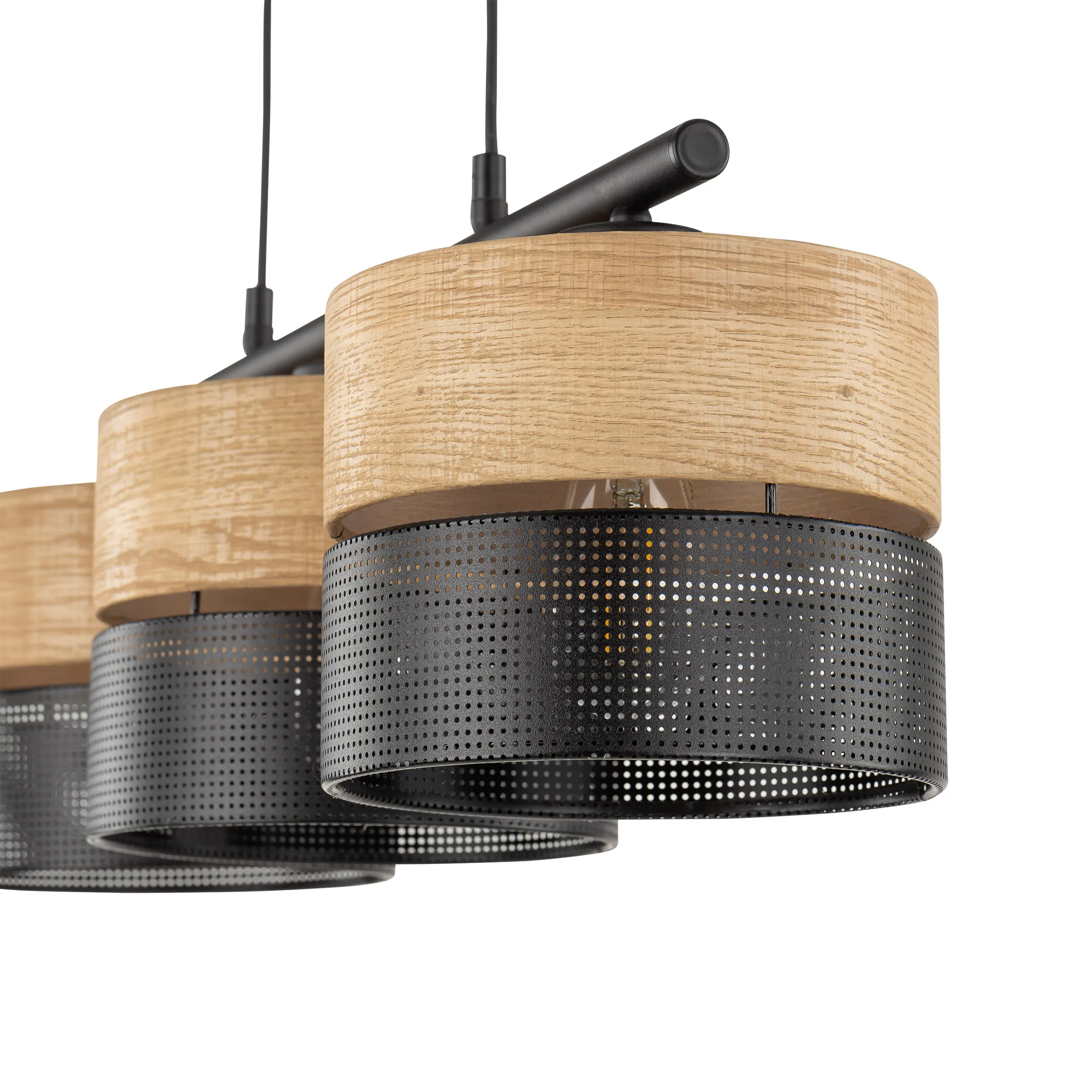 Lampa wisząca NICOL czarna z drewnianymi elementami potrójna na listwie metalowej 90x70x20cm - TK_4801