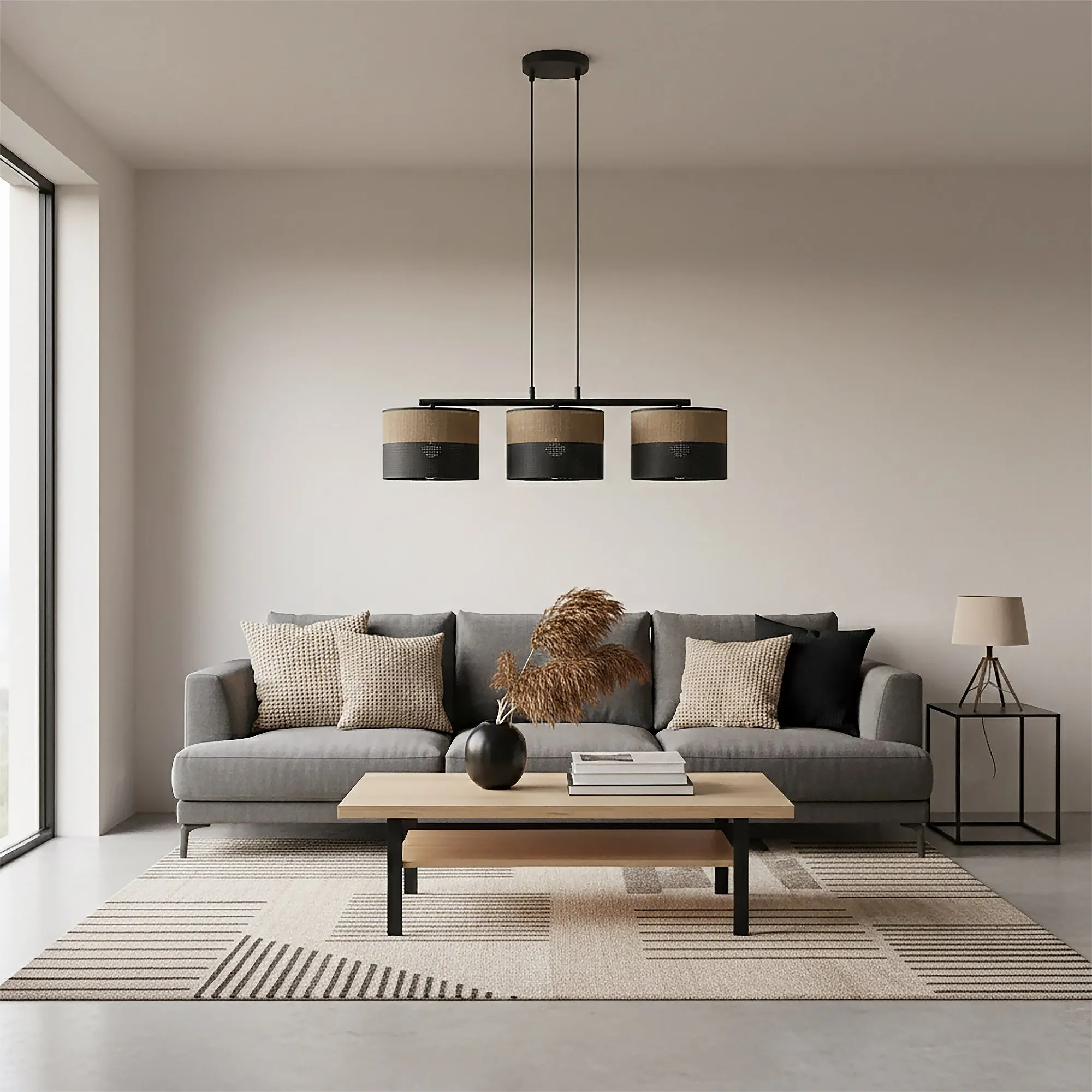 sofa, pokój dzienny, stolik kawowy, lampa wisząca, dywan