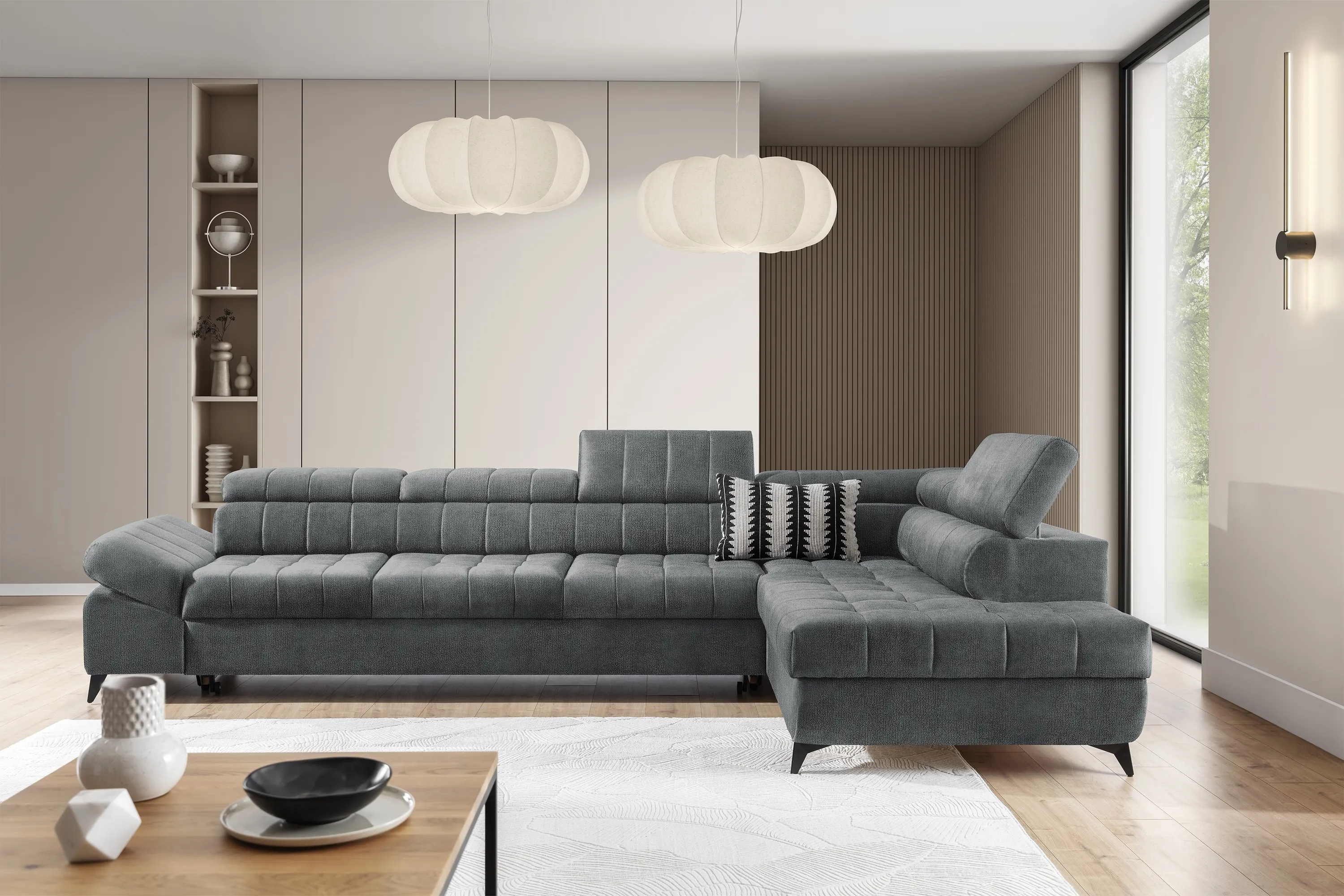 Narożnik prawostronny VALORIS MAXI regulowane zagłówki i podłokietniki tkanina Perfect harmony 85 szary - B_168602