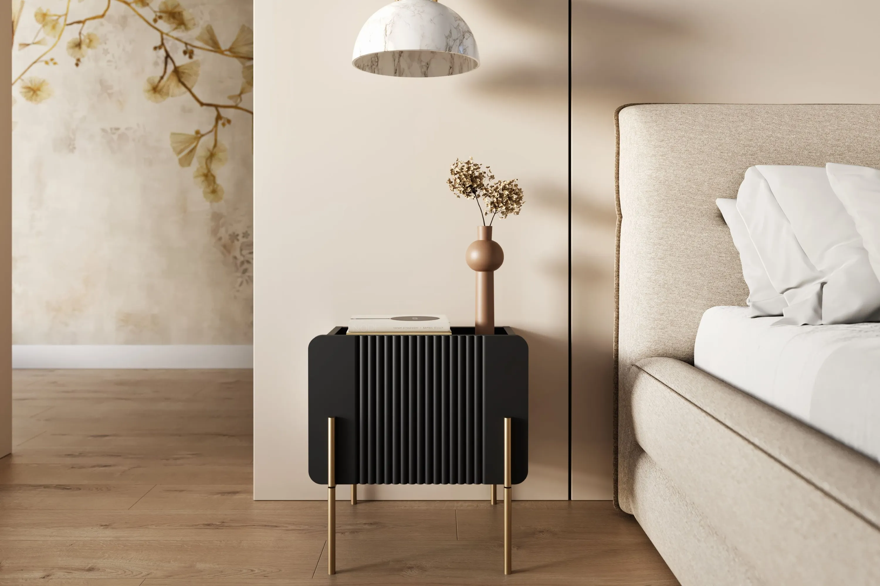 Szafka nocna z 1 szufladą MALMI 45cm - czarna - złote nogi - B_166953