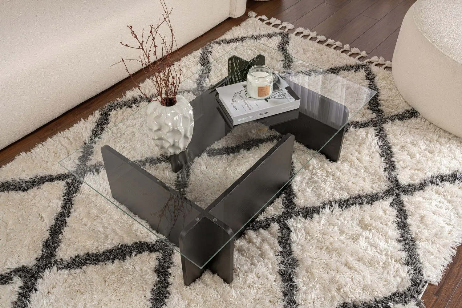 Stolik kawowy FLAVIO 65x105 cm czarny efekt drewna transpatentny