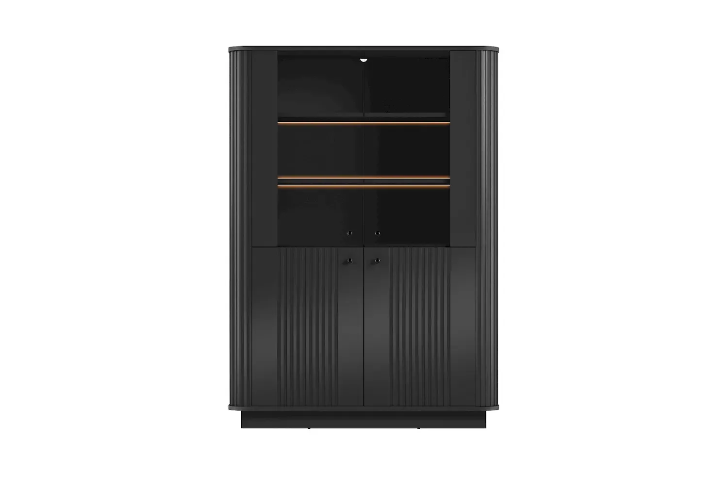 Witryna 4-drzwiowa VESPER z oświetleniem ryflowany front - czarny czarne uchwyty cokół - B_169480